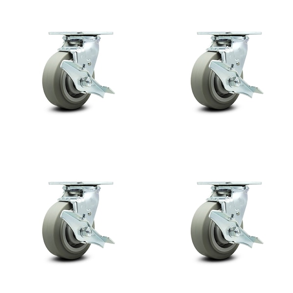 5 Inch Thermoplastic Rubber Caster Set with Ball Bearings and Brake/Swivel Lock